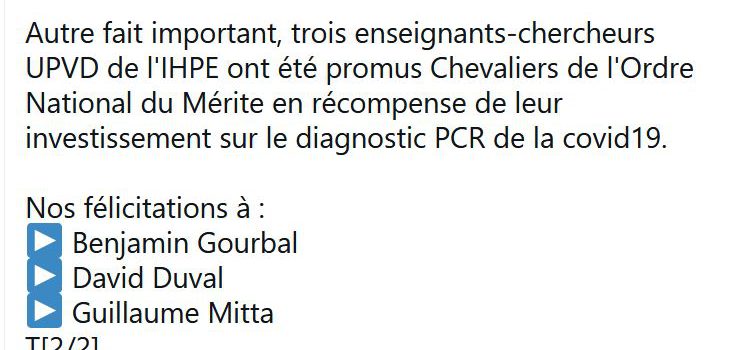 D. Duval, B. Gourbal et G. Mitta promus Chevaliers de l’Ordre National du Mérite (06/01/21)