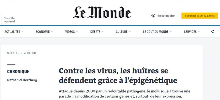 Article sur la défense des huitres contre les virus dans LE MONDE (11/09/2023)